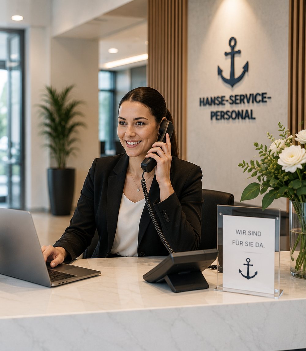 Empfangsmitarbeiterin am Telefon im Foyer der Hanse Service Personal